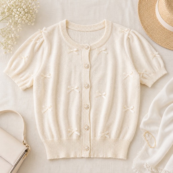 Cocobleu New York Sweaters - Cocobleu New York Cream Sequin Bow Cardigan Pearl Button Short Sleeve Large